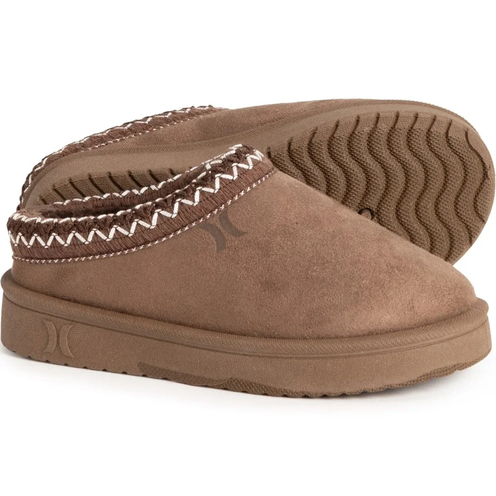 Hurley Toddler 6 Chestnut Brown Faux Suede Slippers Faux Fur Lining Slip Ons
